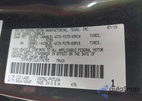 2018 Toyota Tundra Limited 5.7L V8 из США, поврежденный, VIN 5TFHY5F13JX774793